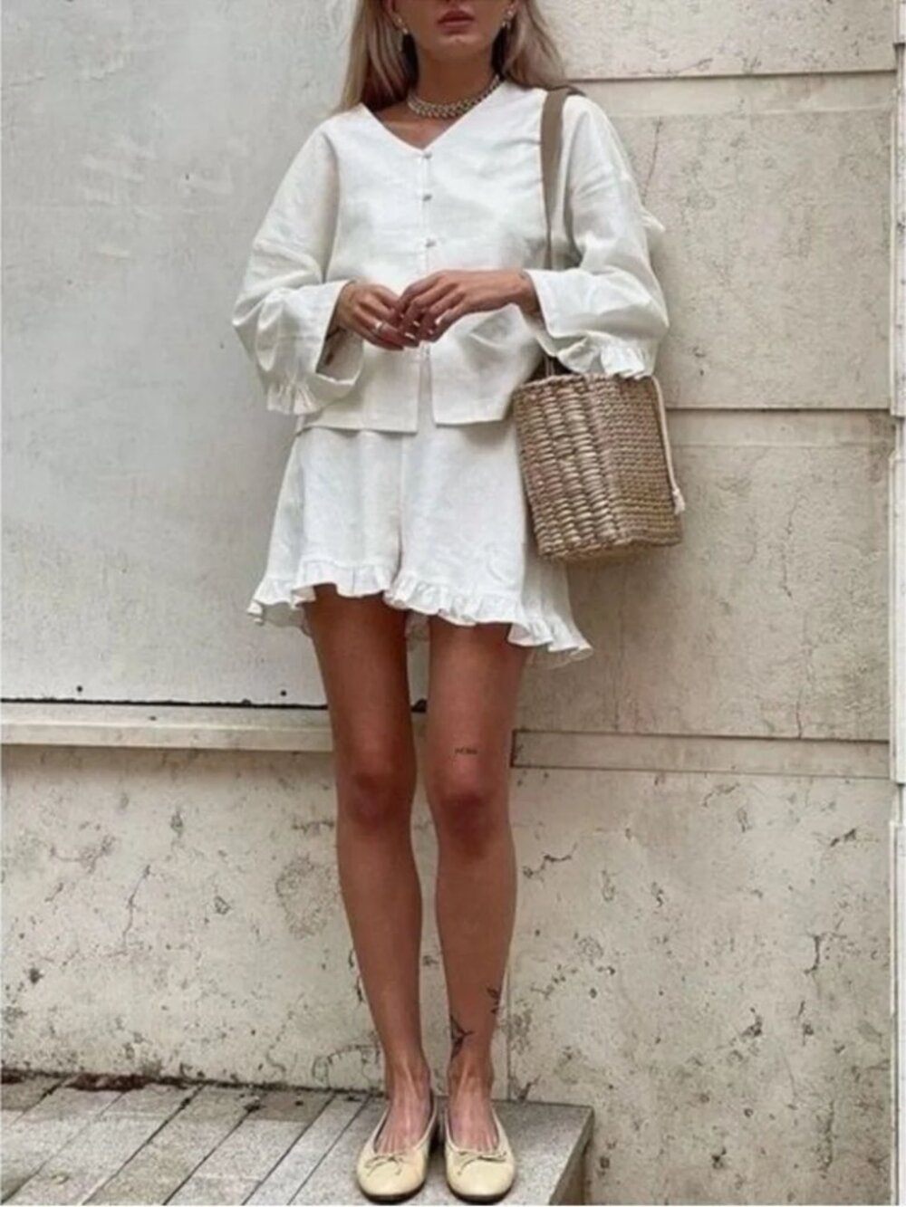 COMMENSE Pure 100% Cotton Ruffle Decor Shorts Set, Cream, Women's Size L - Picture 2 of 9